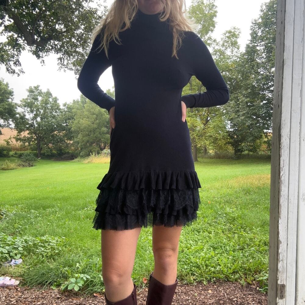 Venus Navy Blue Turtleneck Lace Ruffle Sweater Dress Long Sleeve Mini Size Small